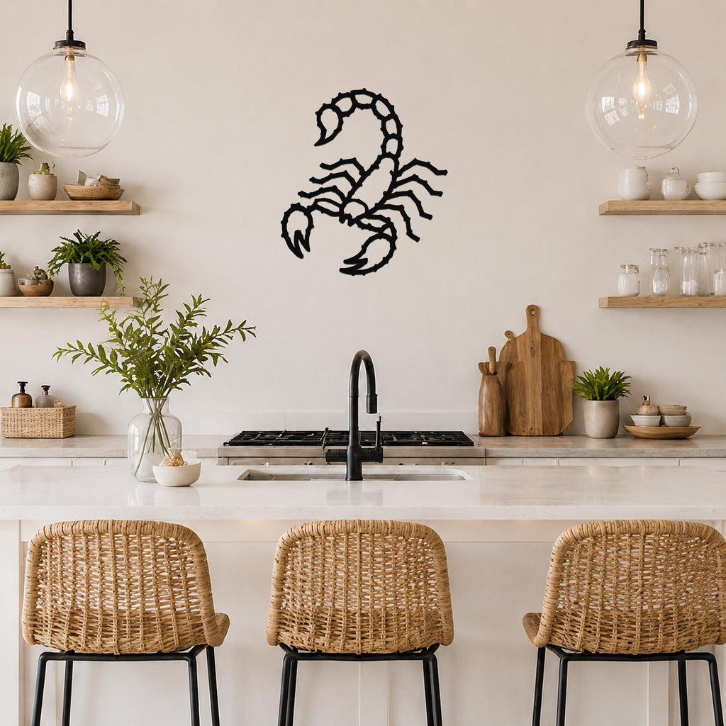 Black metal scorpion wall art with detailed cutout design, mounted on a kitchen wall above a counter.