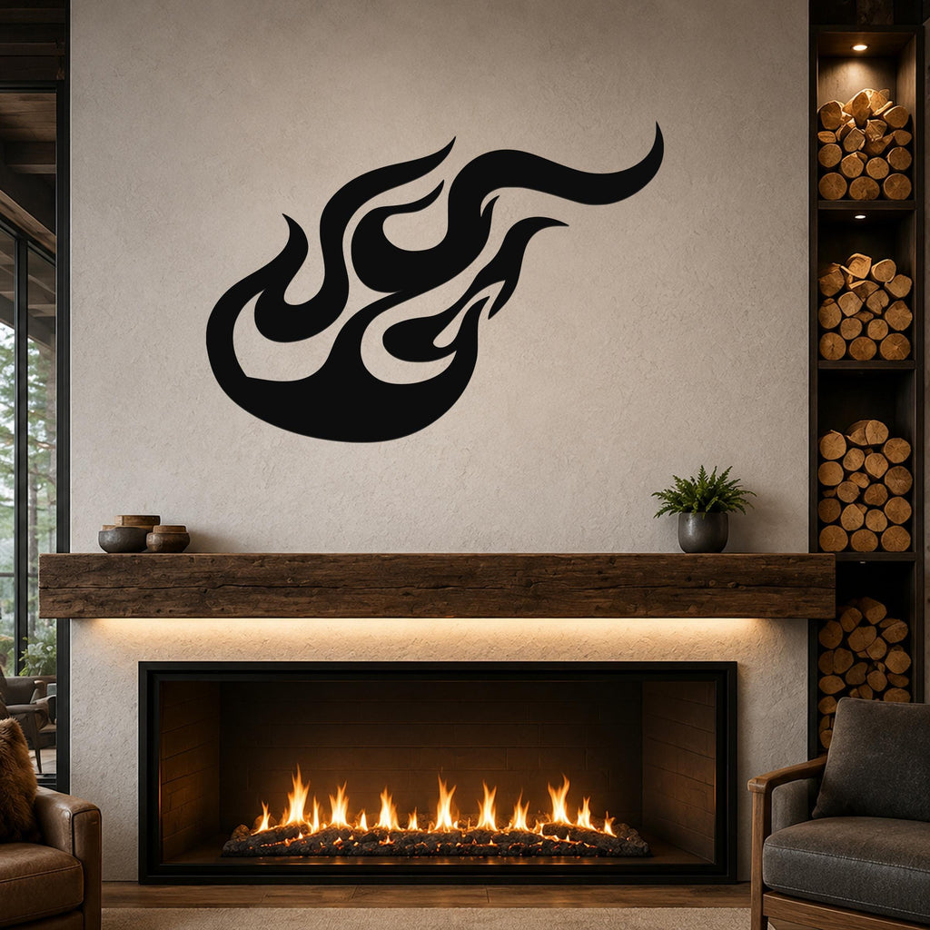 Black metal flame wall art with flowing silhouette cutouts, mounted above a fireplace in a modern living room.
