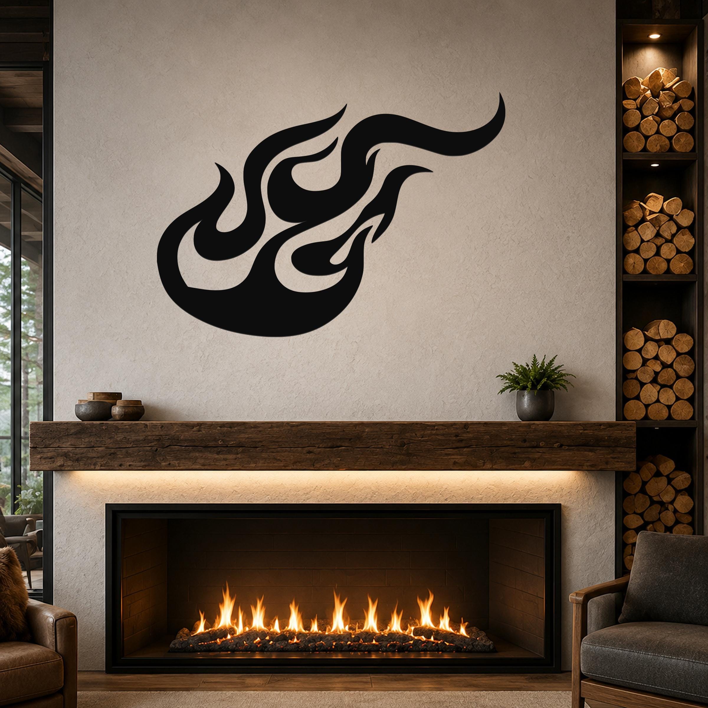 Black metal flame wall art with flowing silhouette cutouts, mounted above a fireplace in a modern living room.