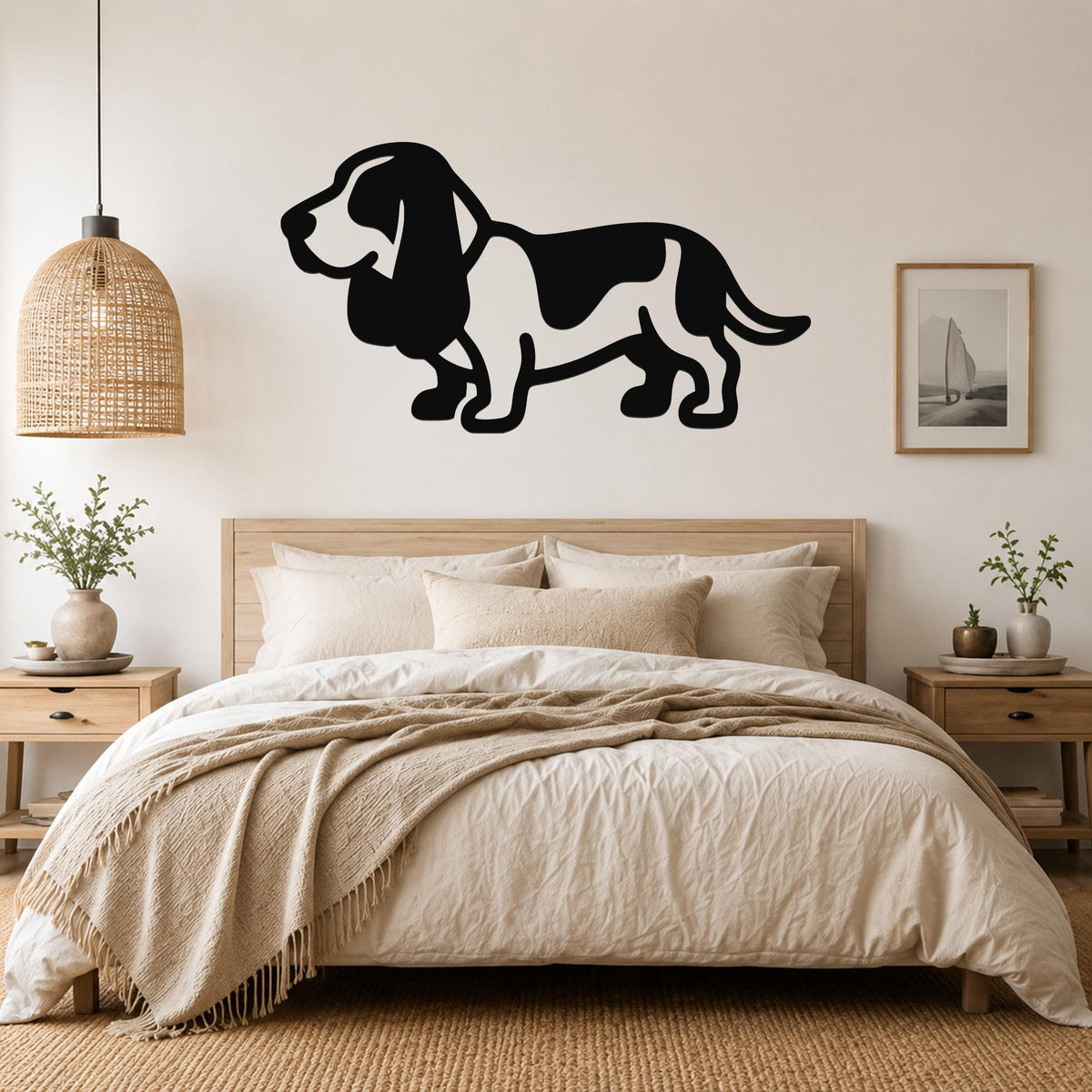 Black metal Basset Hound silhouette wall art mounted above a bed in a neutral bedroom.