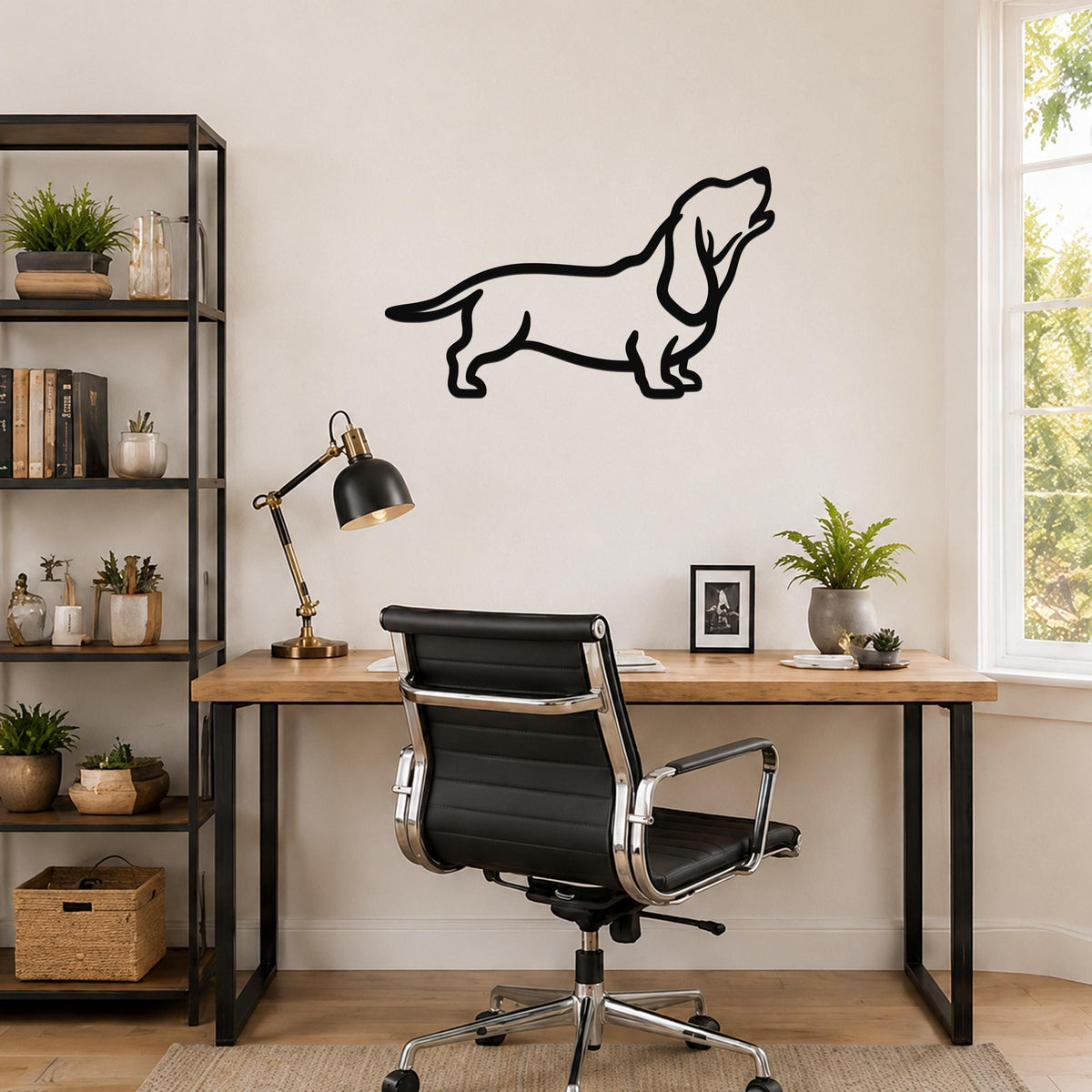 Black metal Basset Hound wall art silhouette mounted on a light-colored wall above a wooden desk in a home office.