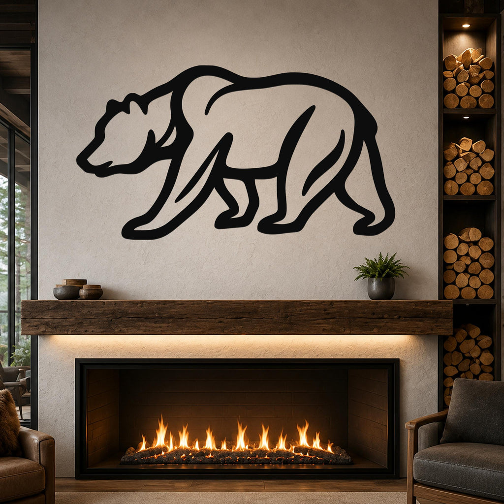 Black metal bear wall art with motion-line cutouts, mounted above a fireplace in a rustic living room.