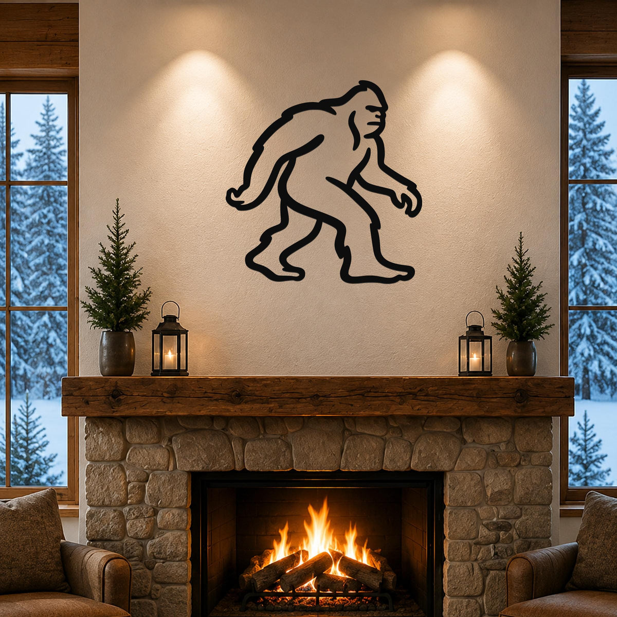 Black metal Bigfoot silhouette wall art mounted above a stone fireplace in a cozy living room with snow outside.
