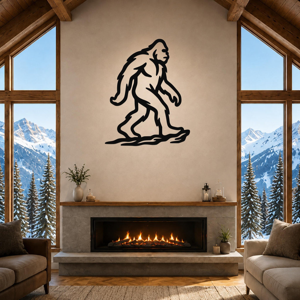 Black metal Bigfoot silhouette wall art mounted above a fireplace in a rustic living room with large windows and snowy mountain views.