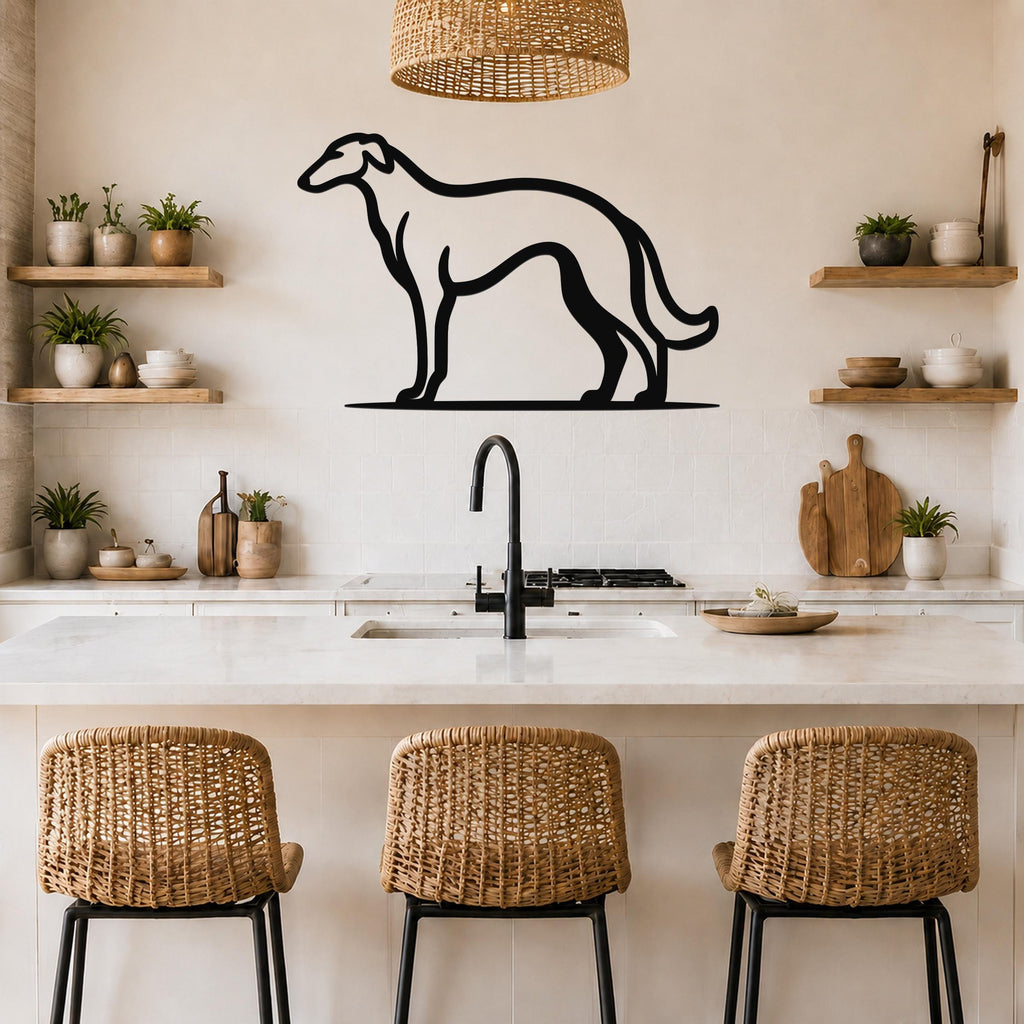 Black metal Borzoi dog wall art silhouette mounted above a kitchen counter, displayed in a modern kitchen with wooden shelves and wicker bar stools.