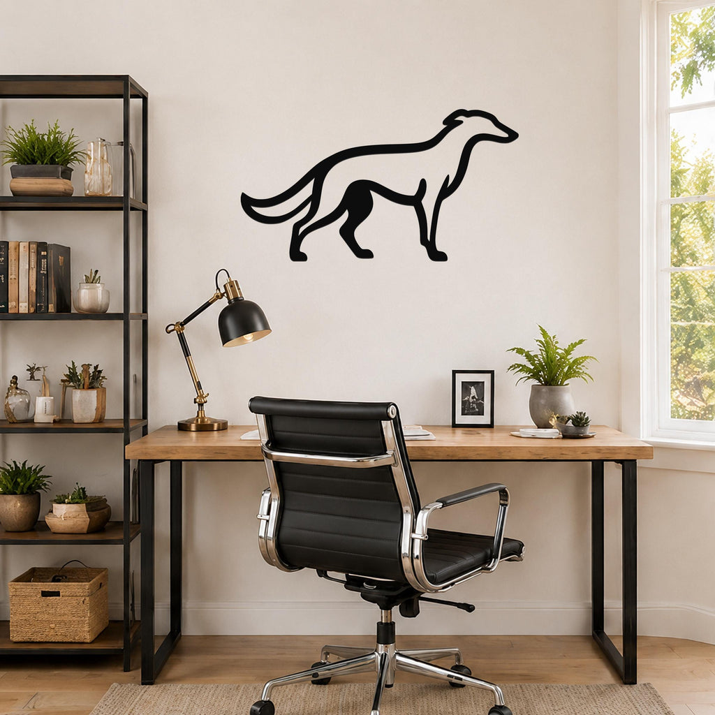 Black metal Borzoi dog wall art silhouette mounted on a light-colored wall above a wooden desk in a home office.