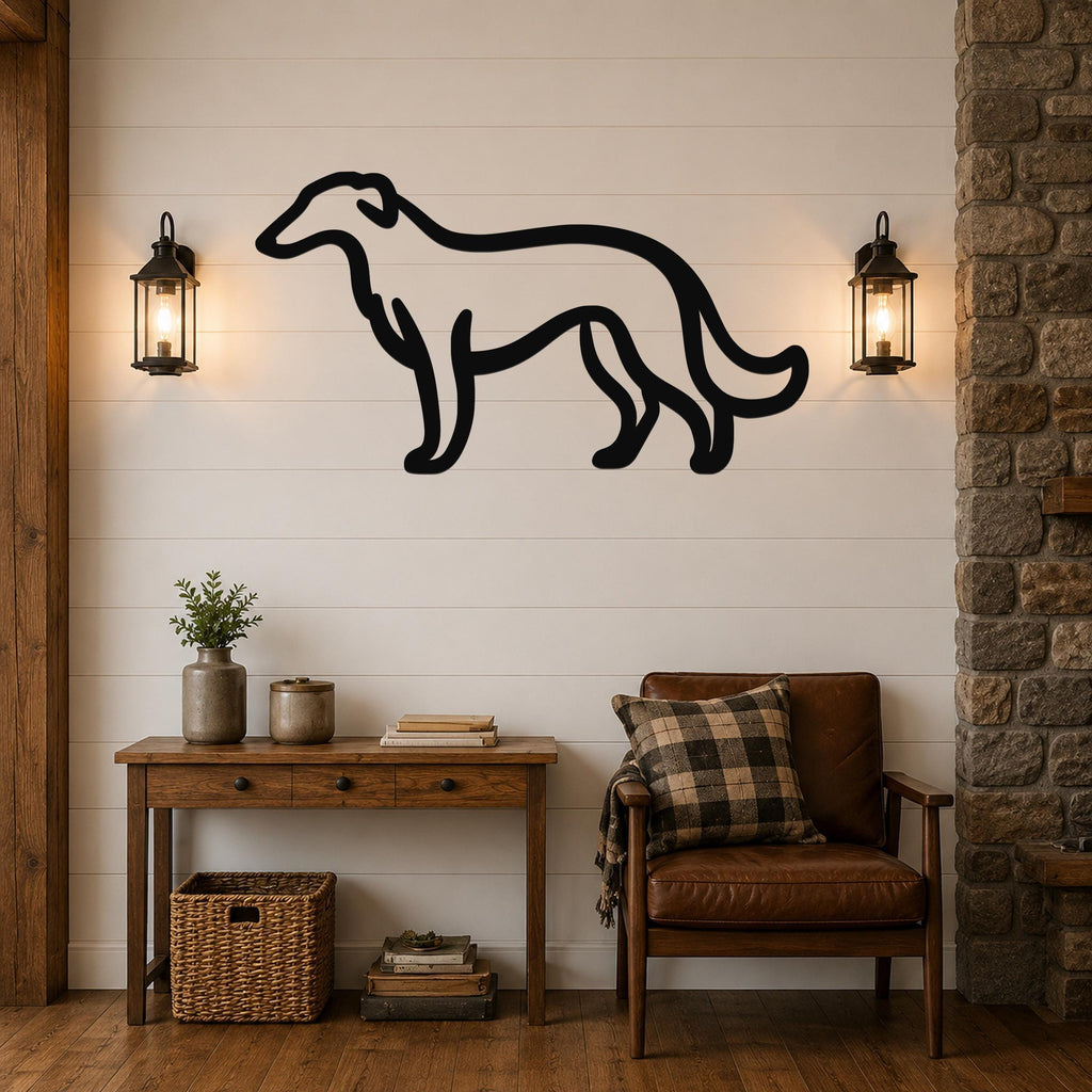 Black metal Borzoi dog wall art silhouette mounted on a shiplap wall above a wooden console table in a living room.