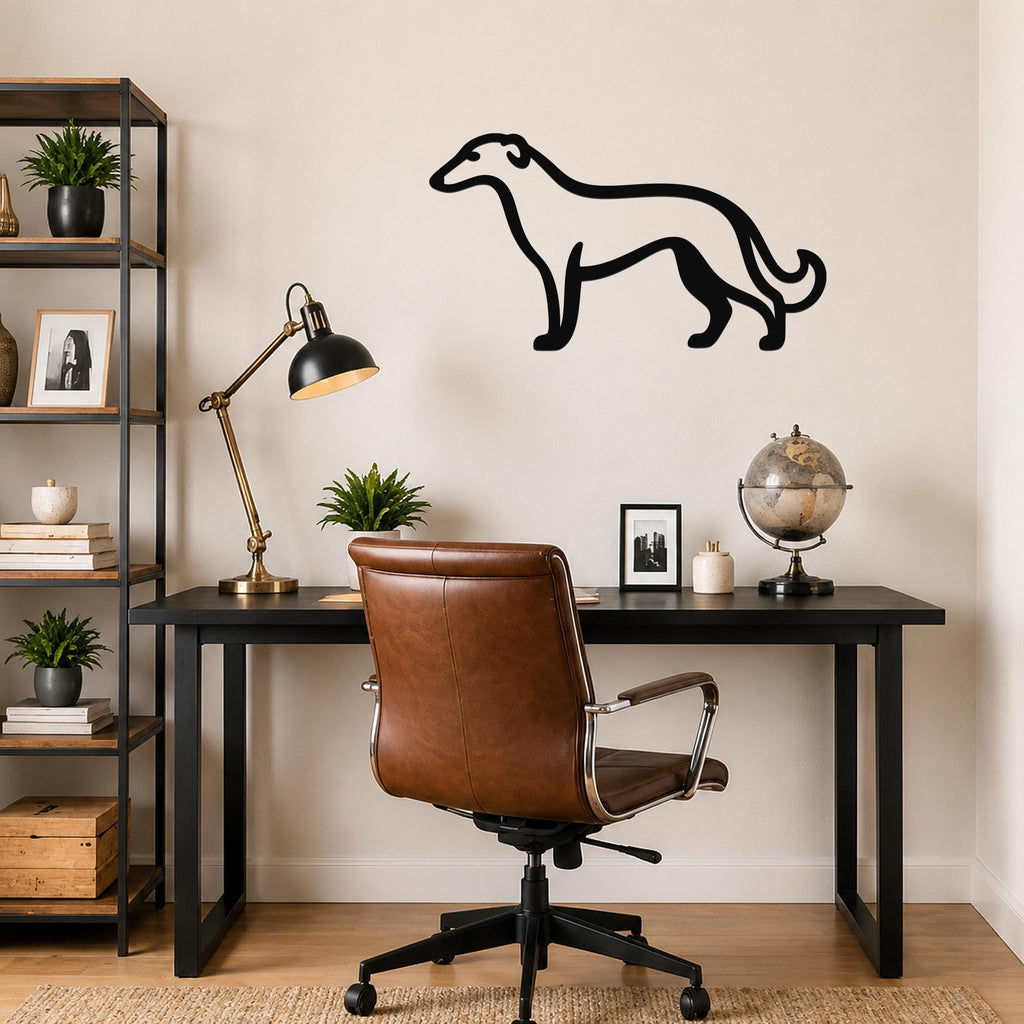 Black metal Borzoi dog wall art silhouette mounted on a light-colored wall above a black desk in a home office.