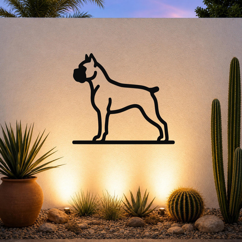 Black metal Boxer dog silhouette wall art mounted on an outdoor wall above a desert garden with cacti and warm uplighting.