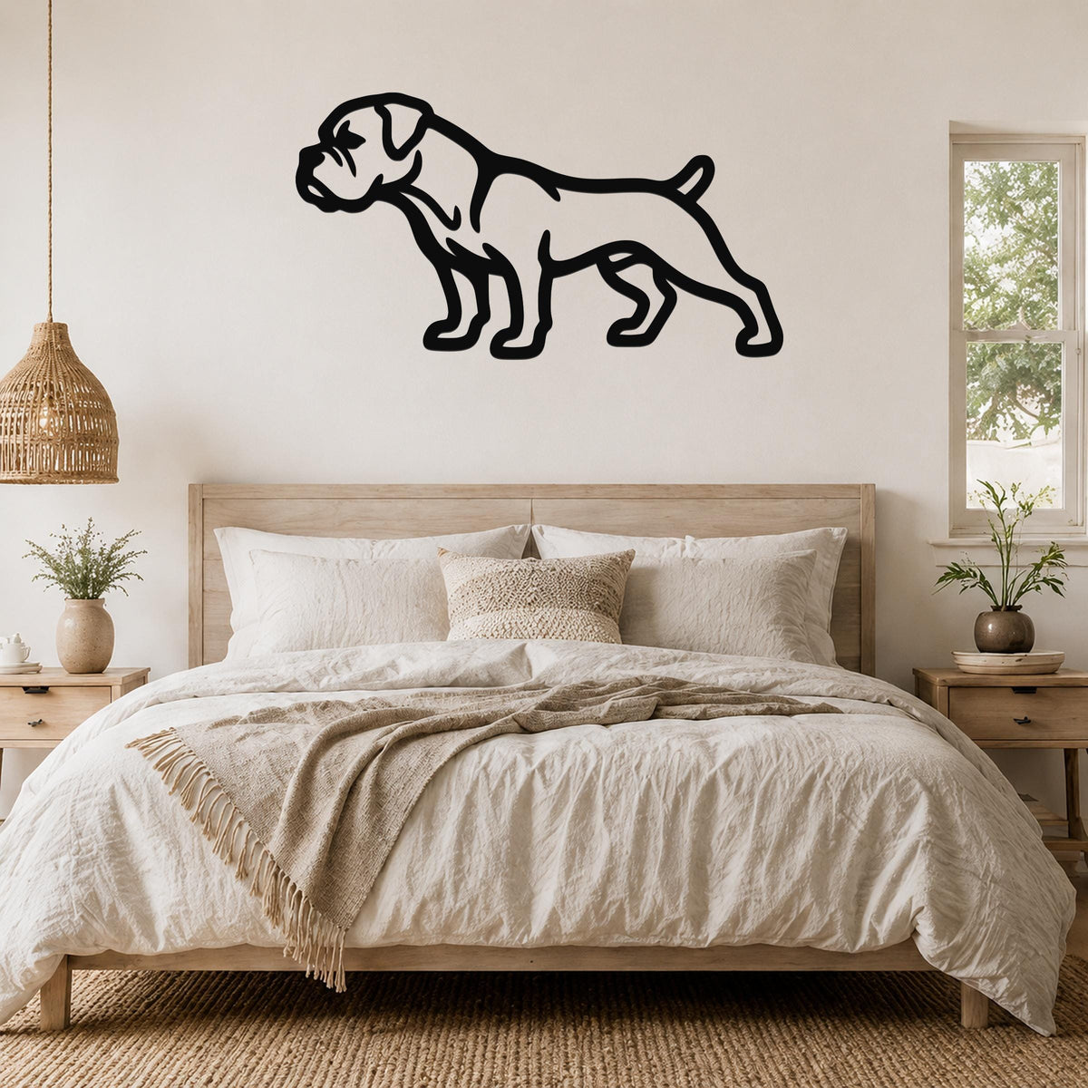 Black metal Boxer dog silhouette wall art mounted above a wooden bed in a neutral bedroom.