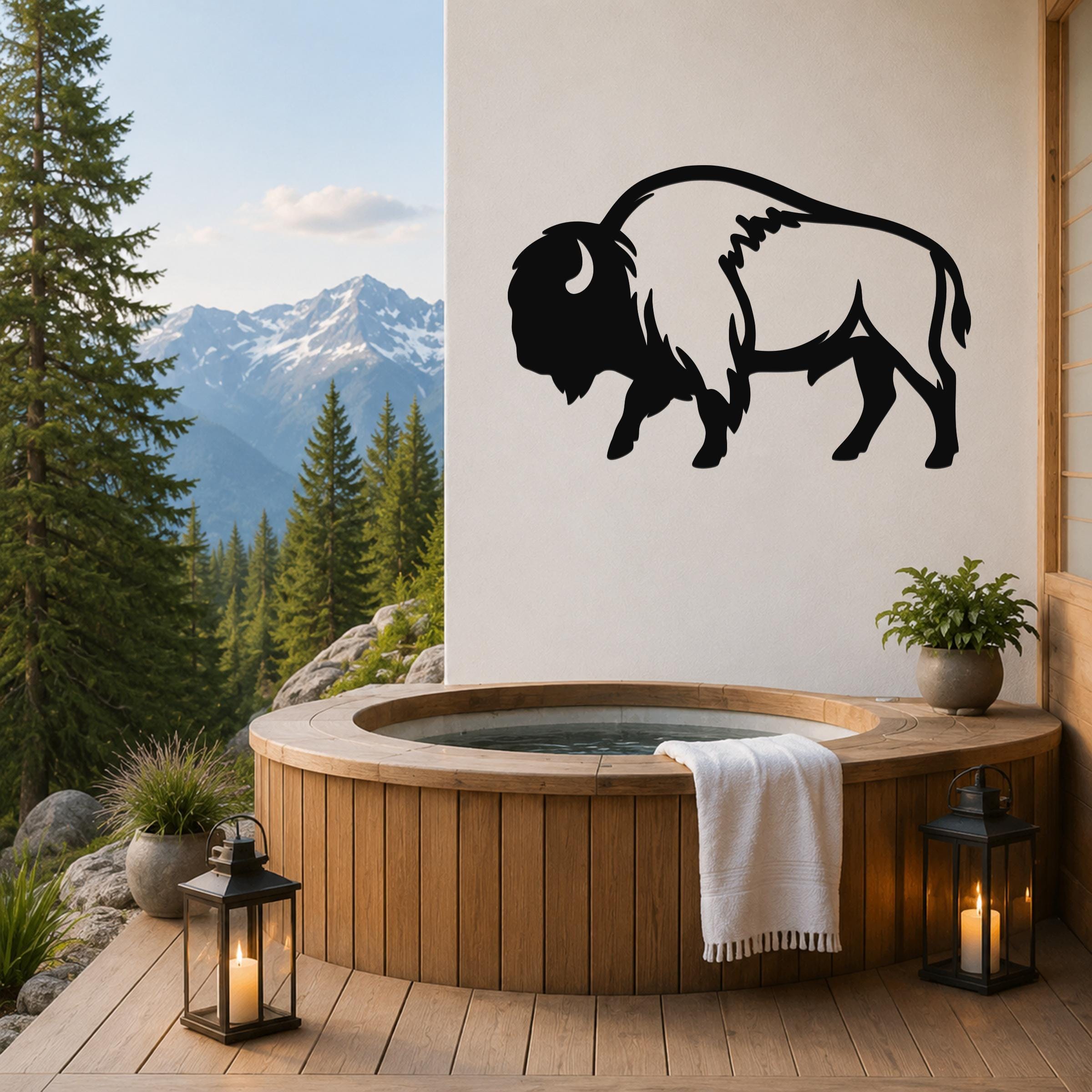 Black metal buffalo wall art silhouette mounted on a white wall above a wooden hot tub on a mountain-view deck.
