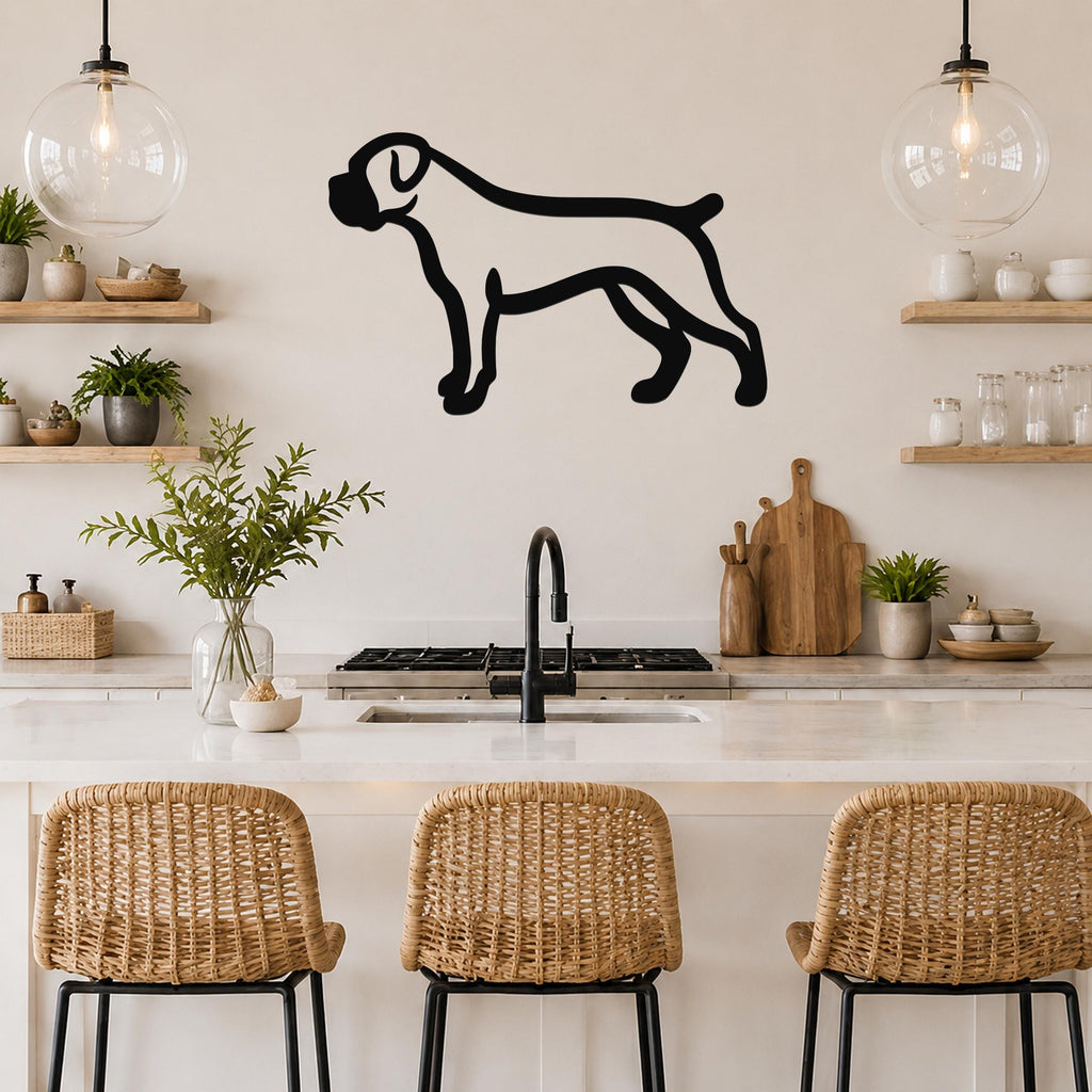 Black metal Boxer dog silhouette wall art mounted on a kitchen wall above a counter, with wicker bar stools and open shelves in the background.