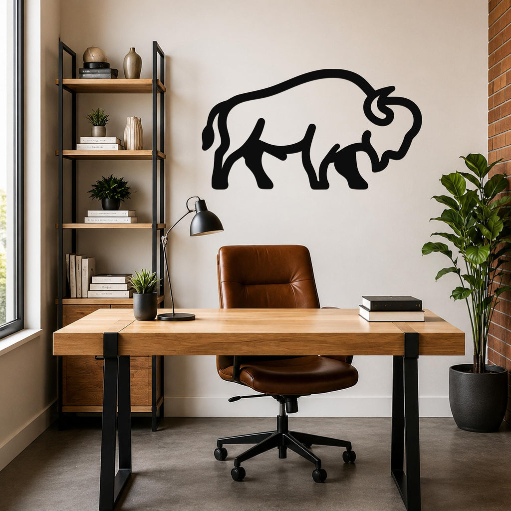 Black metal bison silhouette wall art mounted on a white wall above a wooden desk in a modern home office.