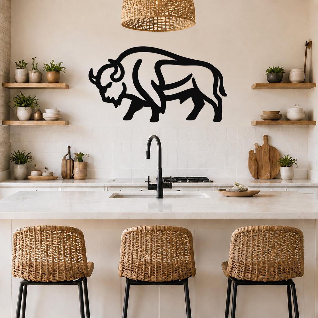 Black metal bison silhouette wall art mounted on a kitchen wall above a counter, with visible cutout details of the animal's form.