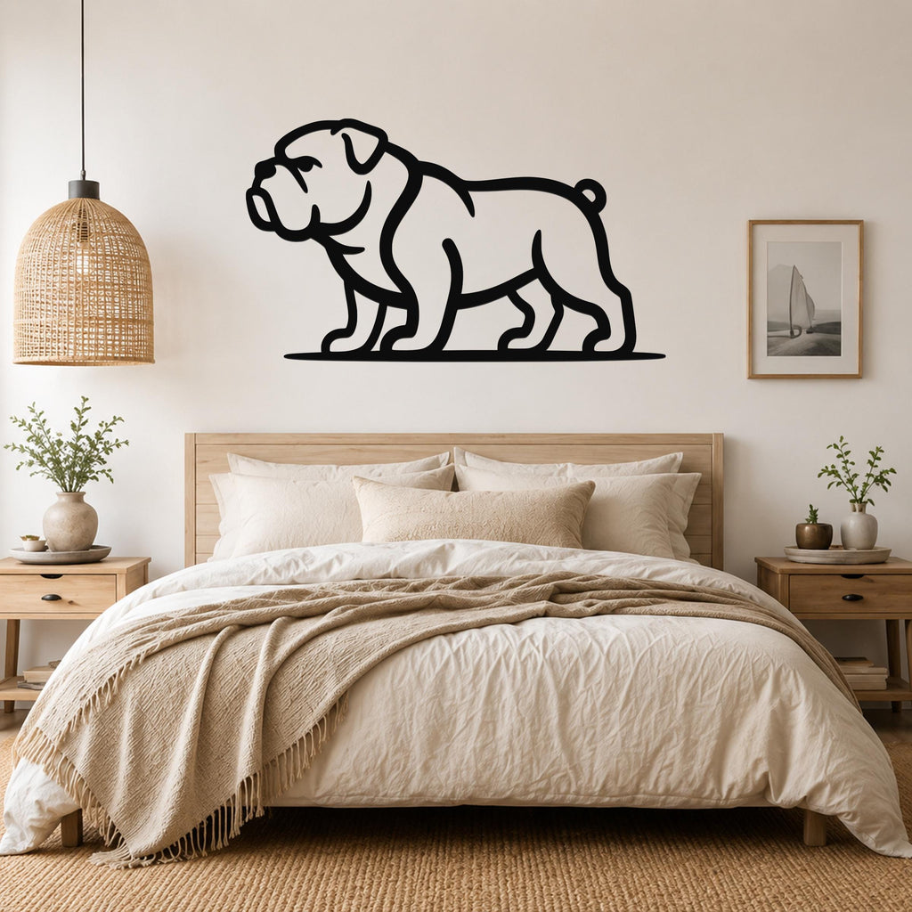 Black metal bulldog wall art silhouette mounted above a bed in a neutral bedroom.
