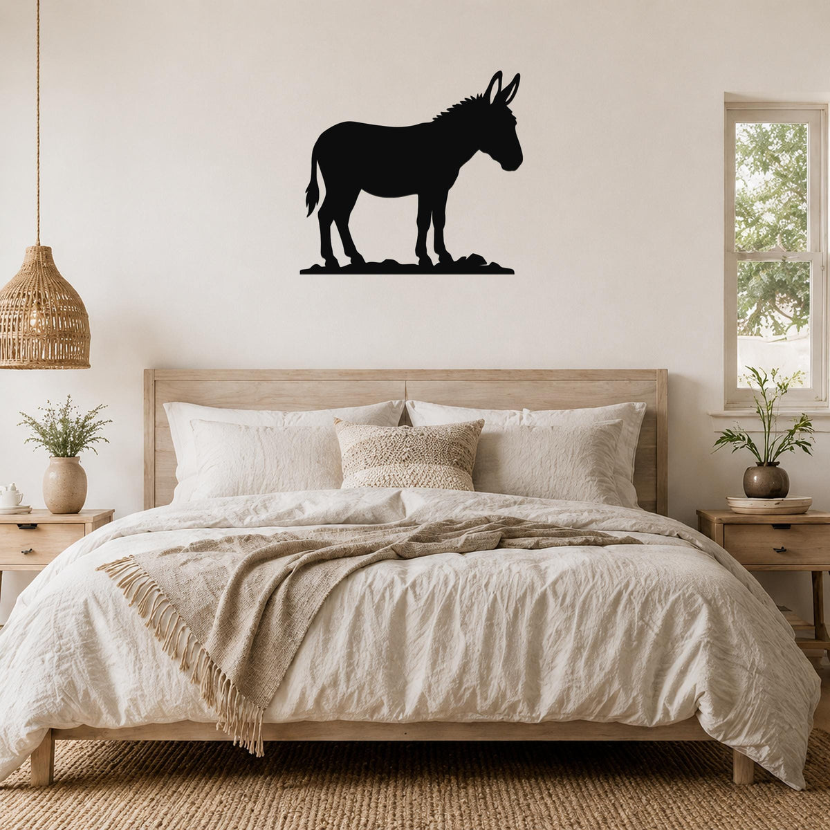 Black metal donkey silhouette wall art mounted above a wooden bed in a neutral bedroom.