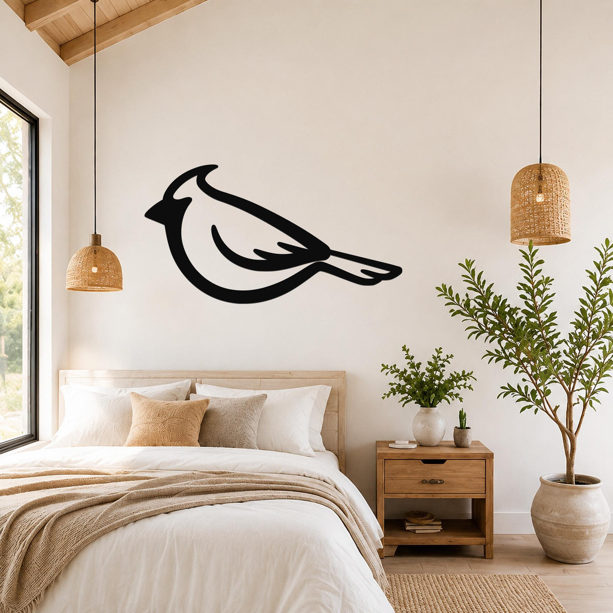 Black metal cardinal wall art silhouette mounted above a bed in a bright bedroom with wooden furniture and woven pendant lights.