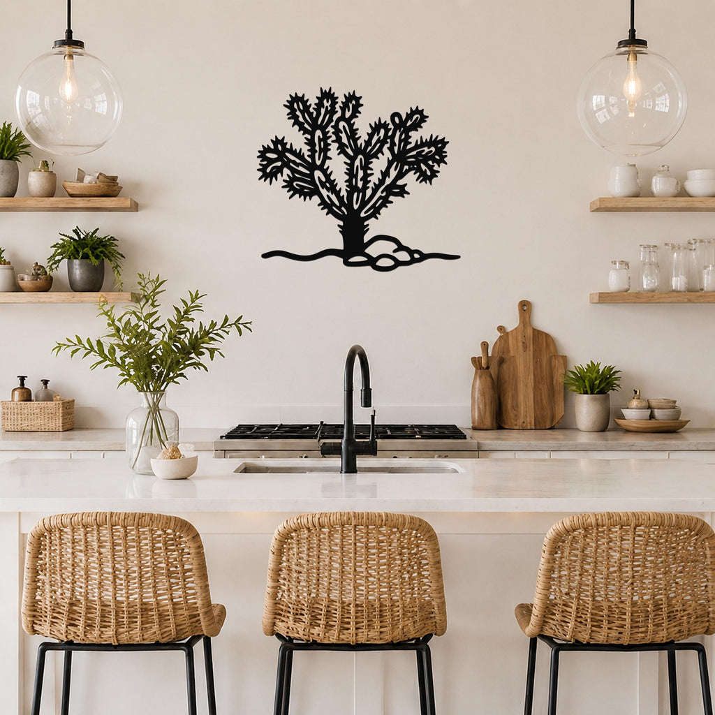 Black metal cholla cactus wall art with spiny branches and root cutouts, mounted on a kitchen wall above a counter.