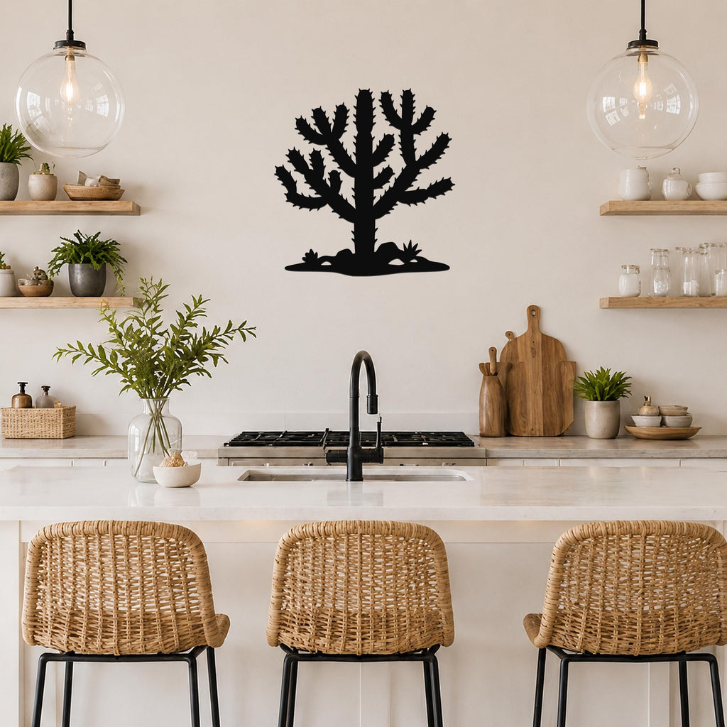 Black metal cholla cactus wall art silhouette with spiny branches, mounted on a kitchen wall above a counter.