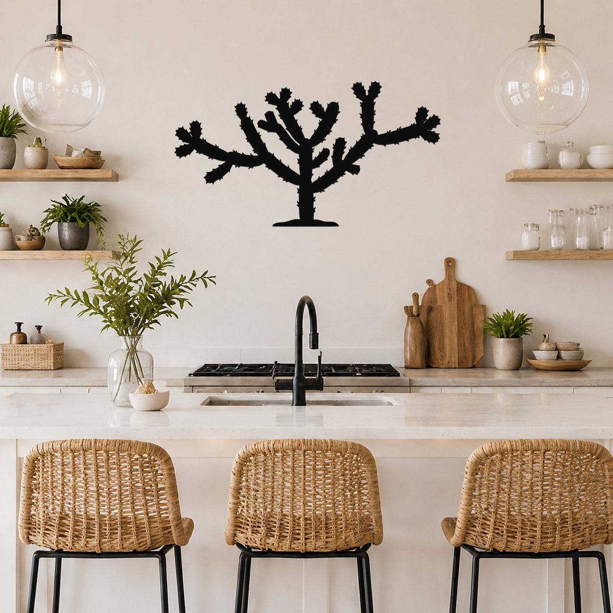Black metal cholla cactus wall art silhouette with branching arms and spines, mounted on a kitchen wall above a counter.