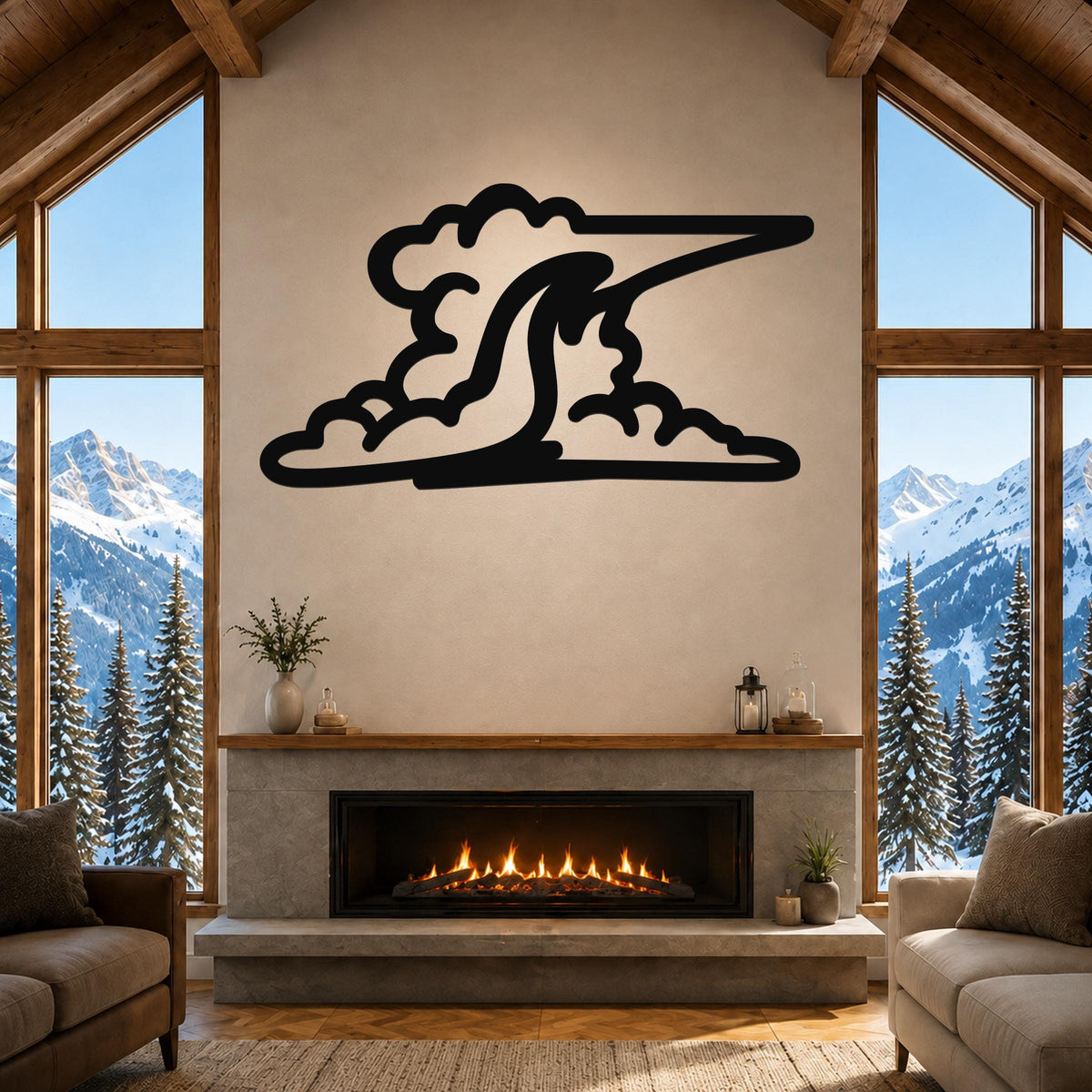 Black metal cloud wall art with flowing, layered cutouts, mounted above a fireplace in a living room with large windows and mountain views.