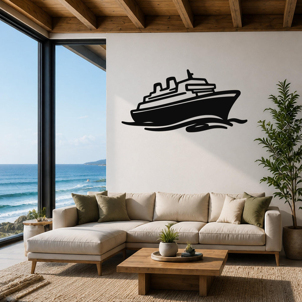 Black metal cruise ship wall art with wave cutouts, mounted above a beige sectional sofa in a living room with ocean views.