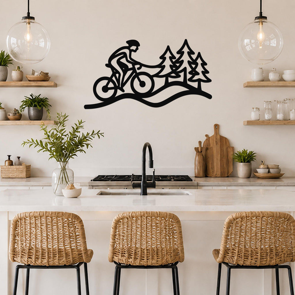 Black metal wall art silhouette of a cyclist on a trail with pine trees, mounted above a kitchen counter.
