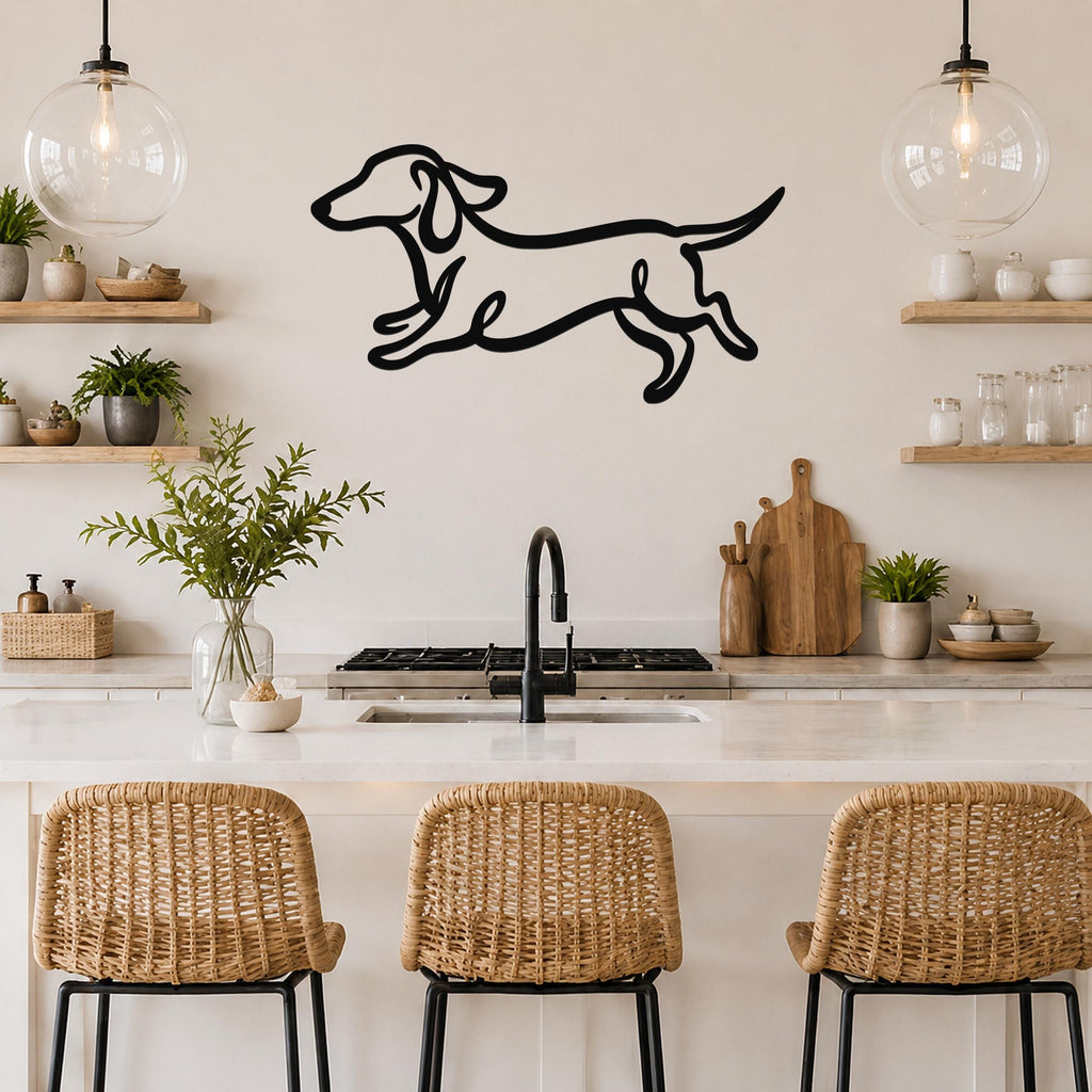 Black metal dachshund wall art with bold line cutout design, mounted on a kitchen wall above a counter.