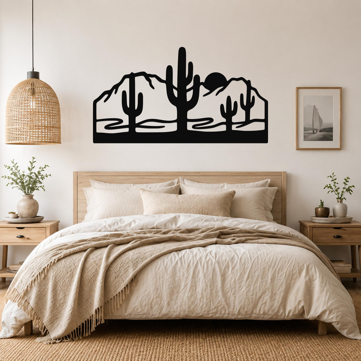 Black metal wall art with a desert silhouette of saguaro cacti and mountains, mounted above a bed in a bedroom.
