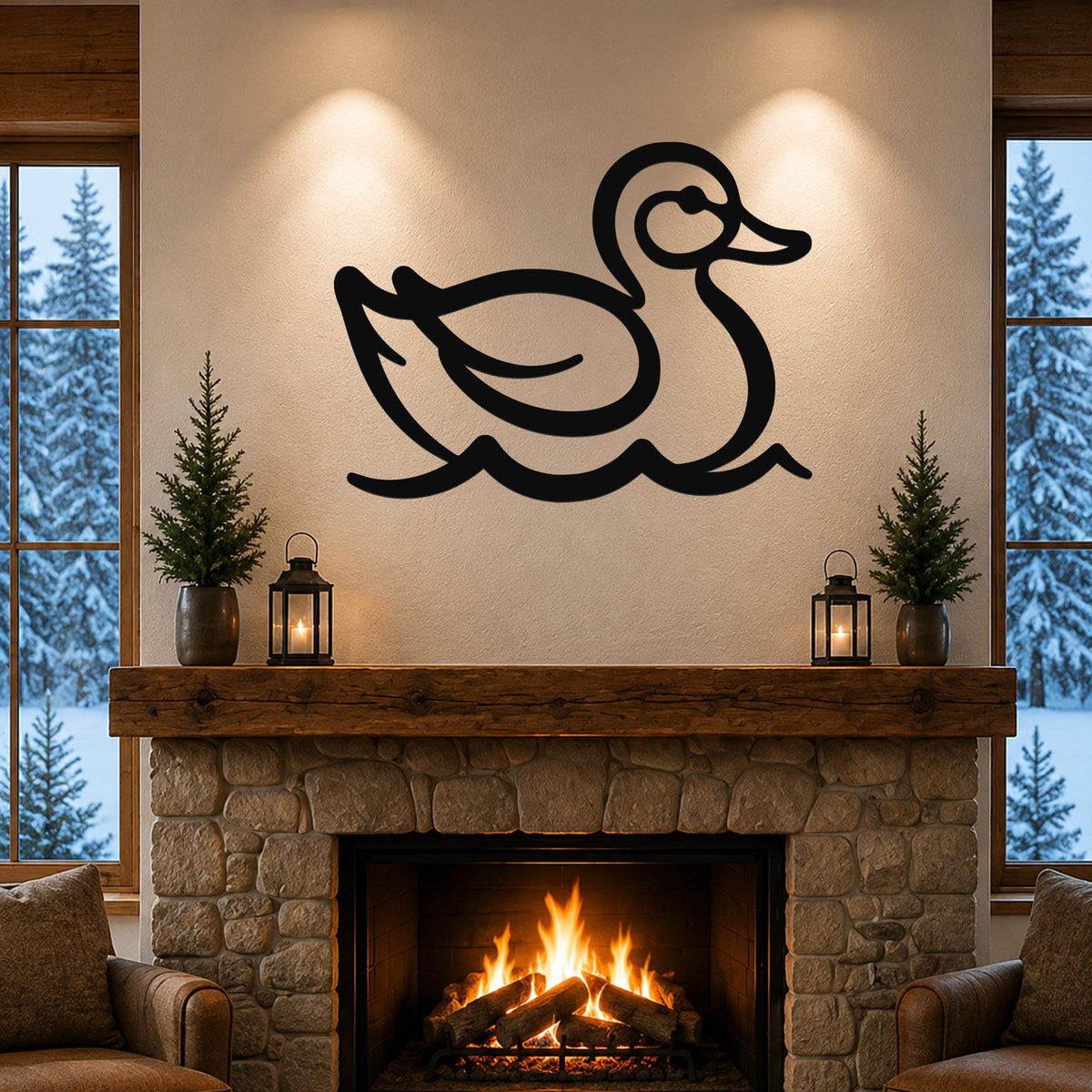Black metal duck wall art with a silhouette cutout design, mounted above a stone fireplace in a cozy living room.