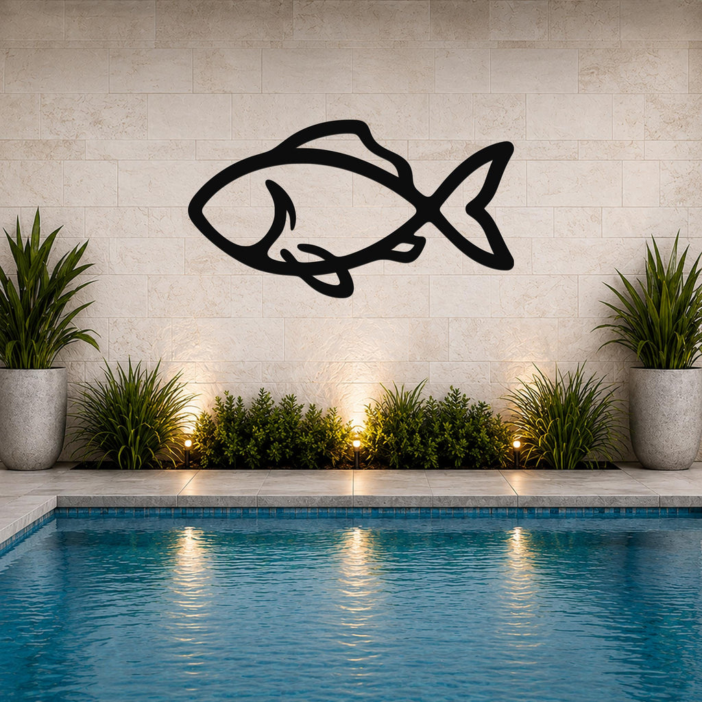Black metal fish wall art with bold silhouette lines, mounted on a tiled wall above a pool with potted plants and ground lights.