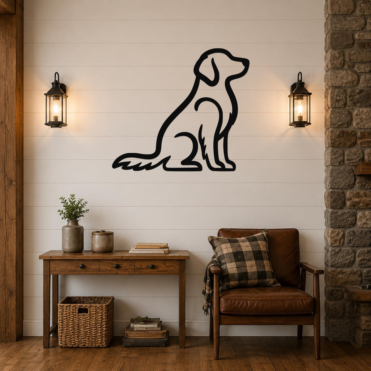 Black metal dog silhouette wall art, a sitting golden retriever outline, mounted on a shiplap wall above a wooden console table in a living room.