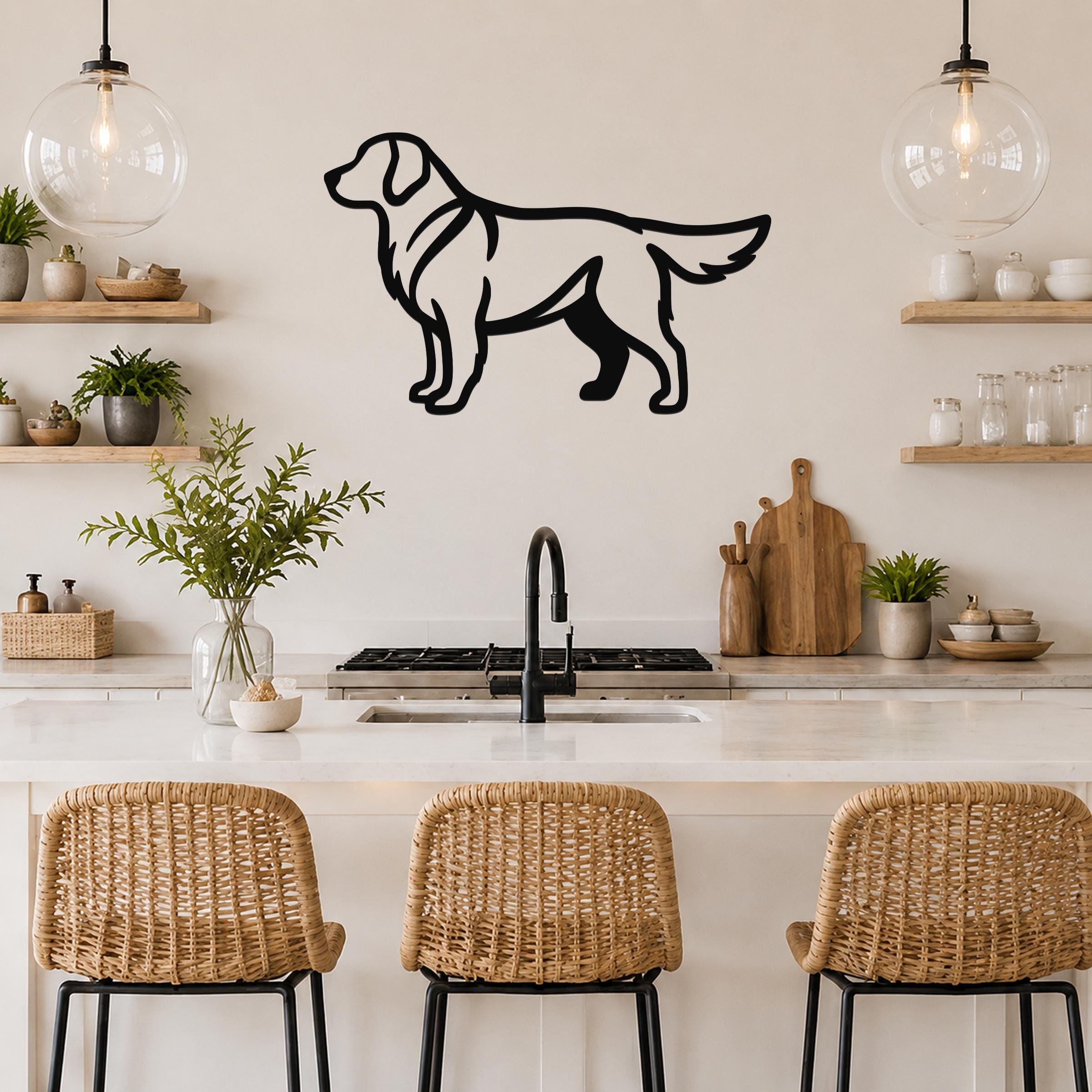 Black metal Golden Retriever wall art silhouette mounted on a kitchen wall above a counter.
