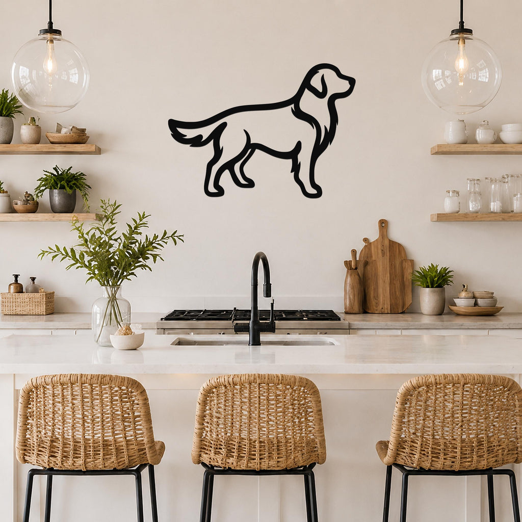 Black metal Golden Retriever wall art silhouette mounted on a kitchen wall above a counter.
