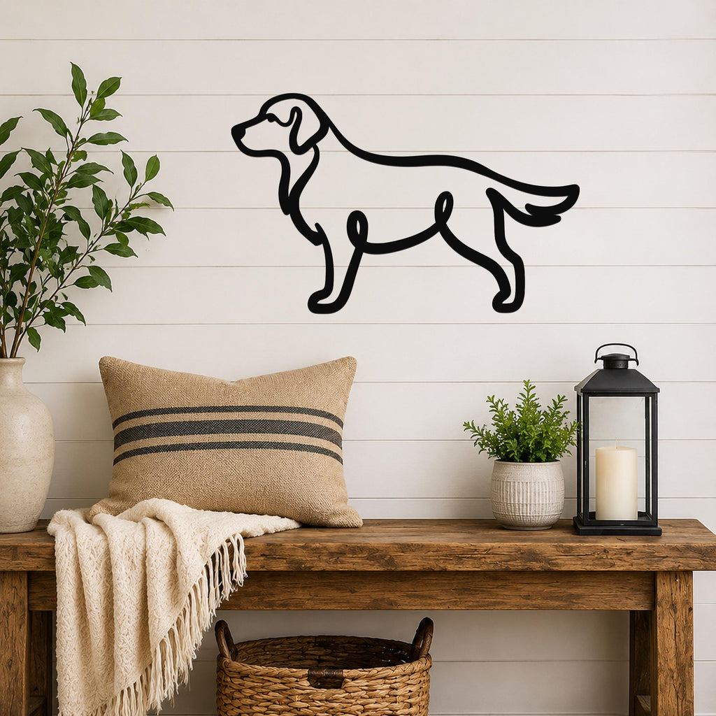 Black metal dog silhouette wall art mounted on a white shiplap wall above a wooden bench in a living room.