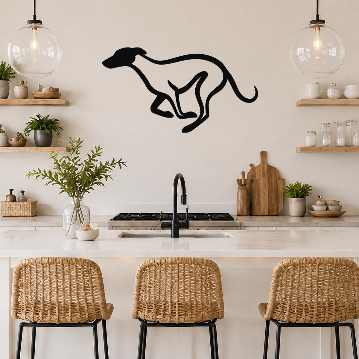 Black metal greyhound wall art silhouette with motion-line cutouts, mounted above a kitchen counter.