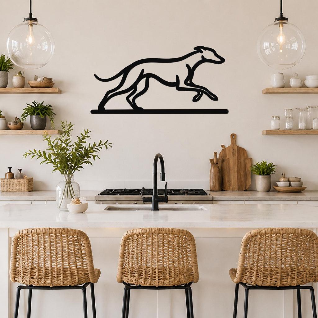Black metal greyhound wall art with a running silhouette, mounted above a kitchen counter between two glass pendant lights.