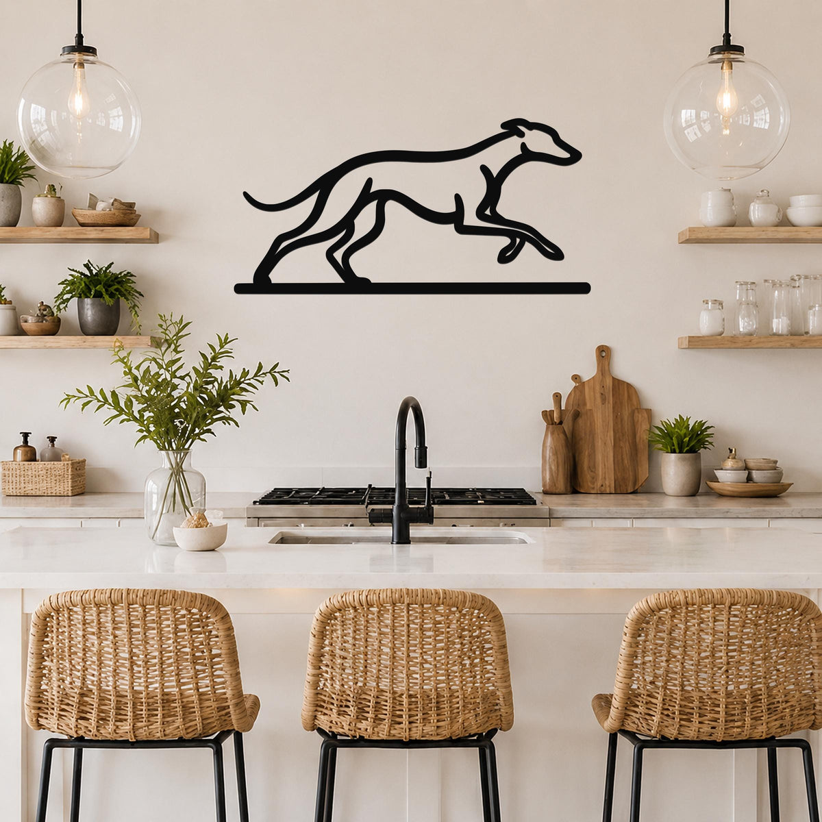Black metal greyhound wall art with a running silhouette, mounted above a kitchen counter between two glass pendant lights.