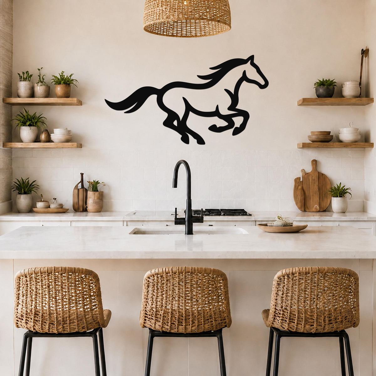 Black metal horse wall art in a running silhouette, mounted above a kitchen counter with wicker bar stools and open shelves.
