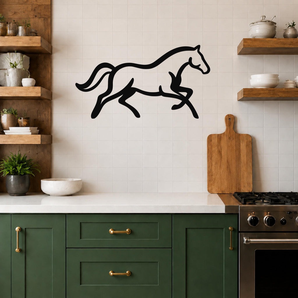 Black metal horse wall art with a running silhouette, mounted on a tiled kitchen wall above a counter.