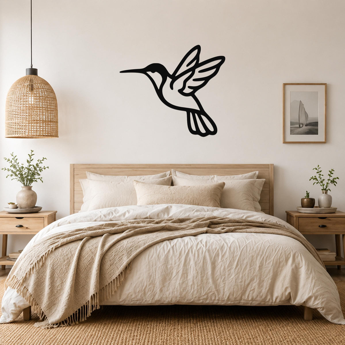 Black metal hummingbird wall art in silhouette style, mounted above a bed in a neutral bedroom.