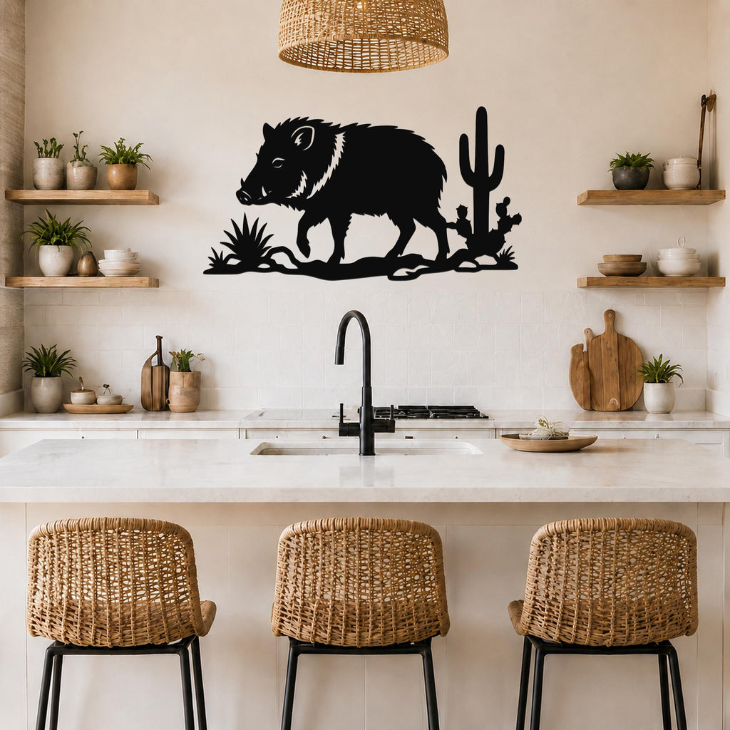 Black metal javelina wall art silhouette with cactus and agave cutouts, mounted above a kitchen counter.
