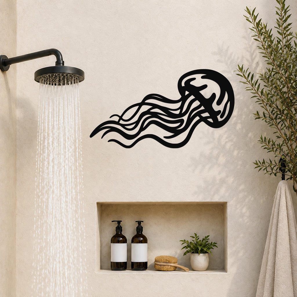 Black metal jellyfish wall art with flowing tentacle cutouts, mounted on a bathroom wall above a built-in shelf.