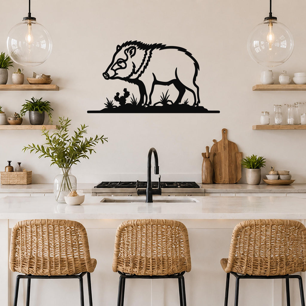 Black metal javelina wall art with grass cutouts, mounted above a kitchen counter between two glass pendant lights.