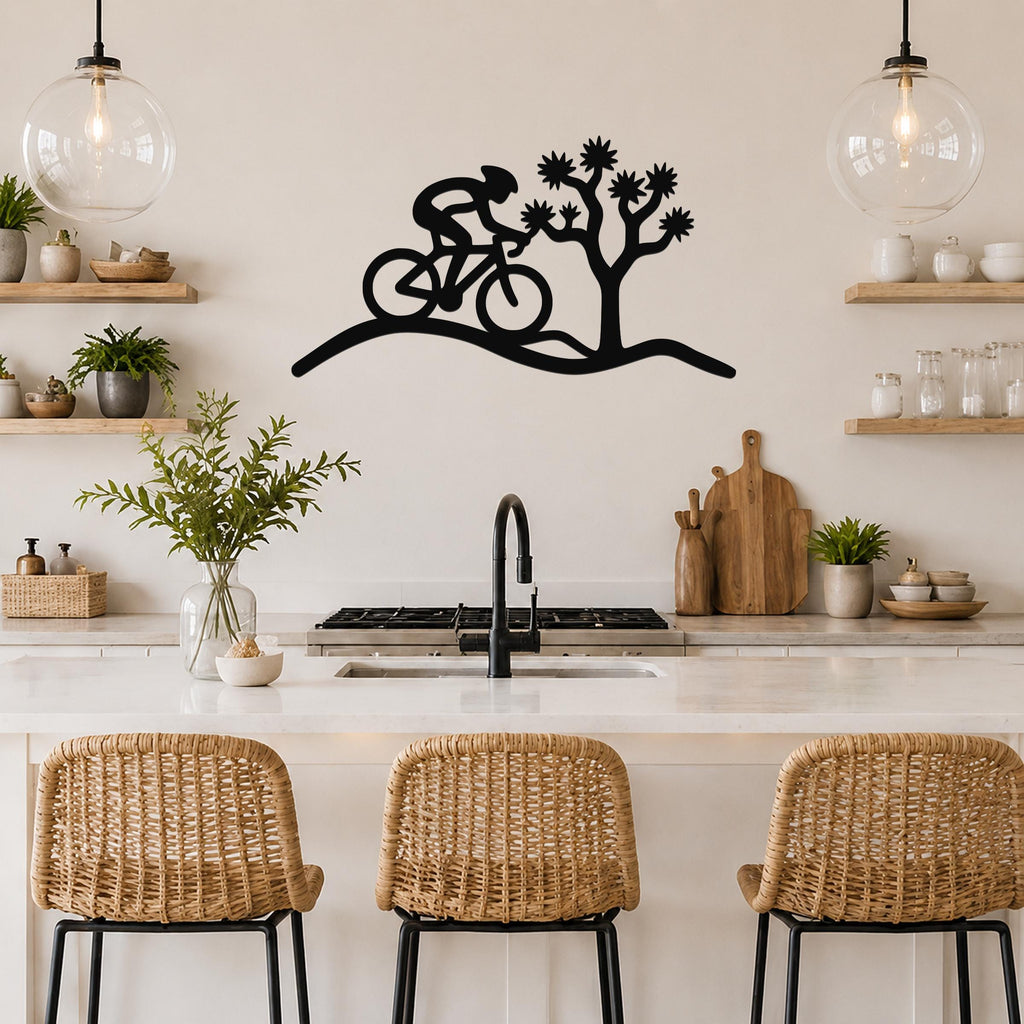 Black metal wall art silhouette of a cyclist on a trail with a Joshua tree, mounted above a kitchen counter.