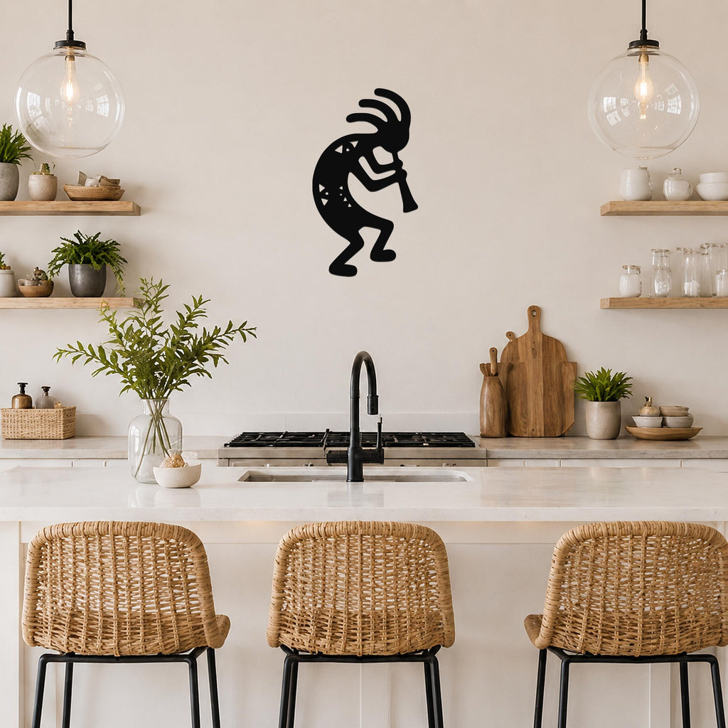 Black metal Kokopelli wall art silhouette with internal geometric cutouts, mounted on a kitchen wall above a counter.