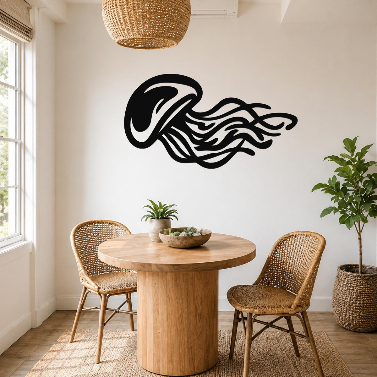 Black metal jellyfish wall art with flowing tentacle cutouts, mounted on a white wall above a round wooden table in a bright dining nook.