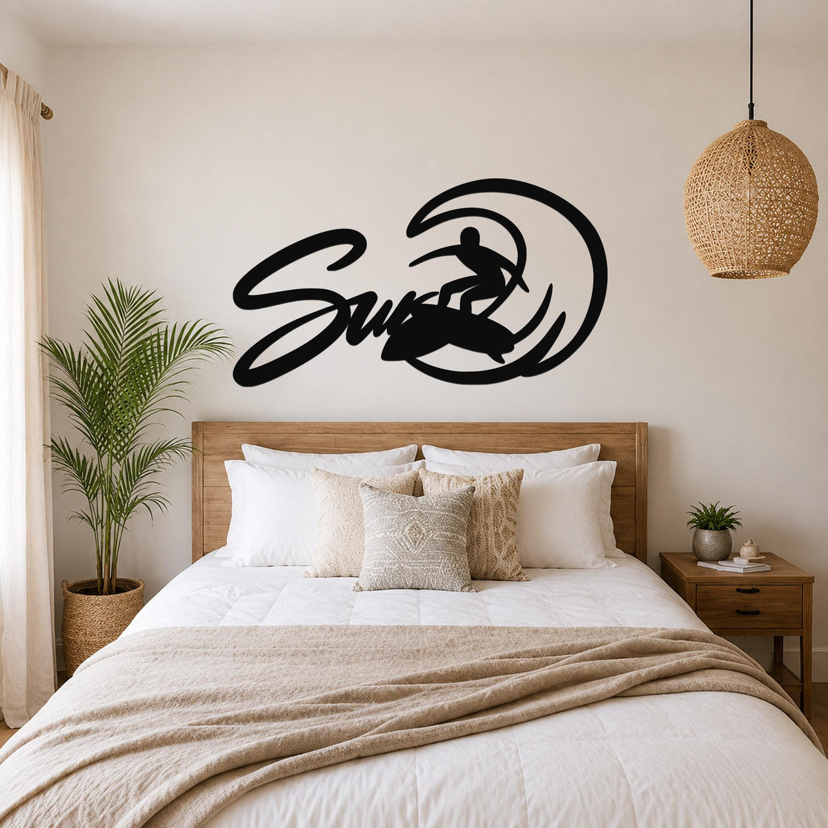 Black metal wall art featuring a surfer silhouette riding a wave, mounted above a wooden bed in a bedroom.