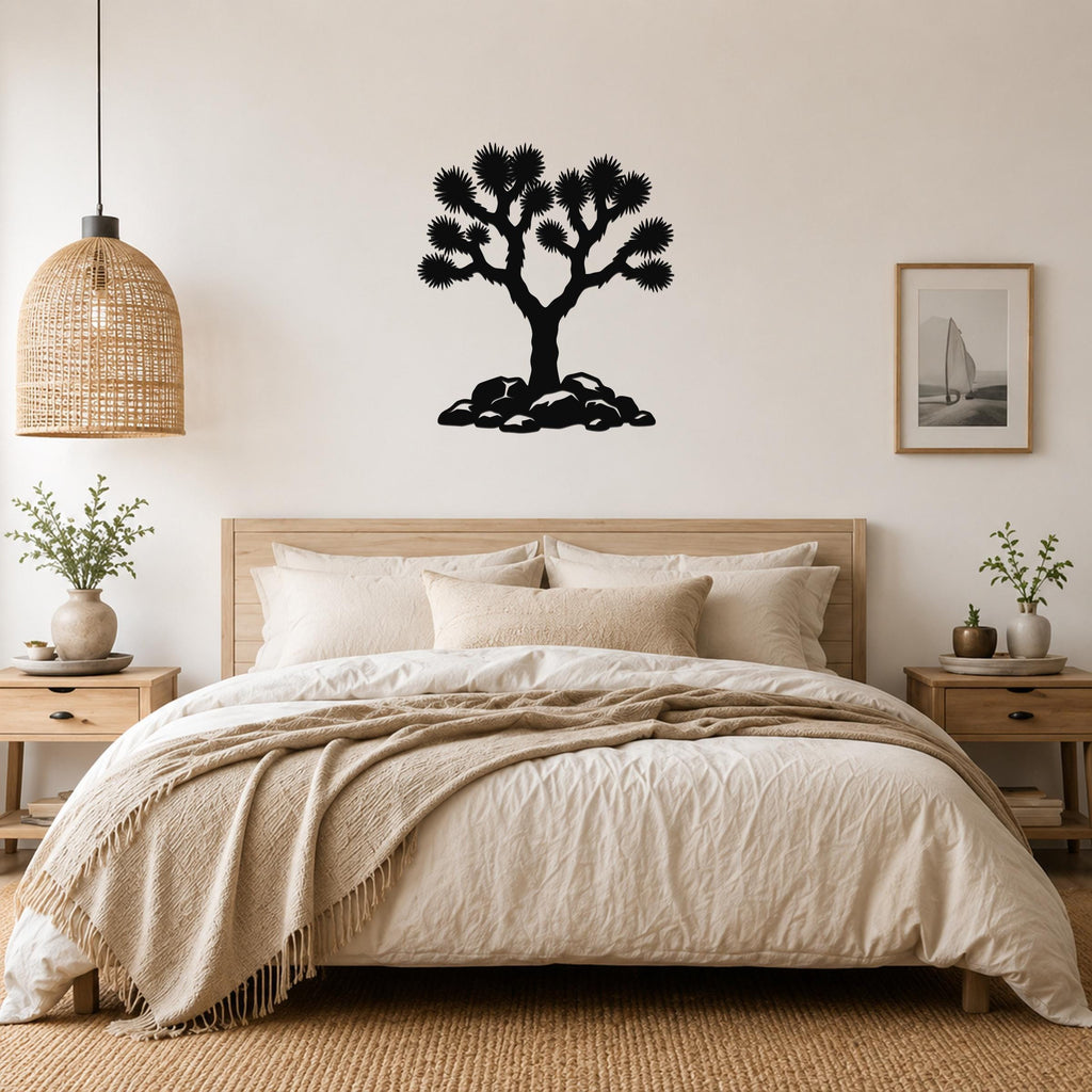 Black metal Joshua tree wall art with detailed branch cutouts, mounted above a bed in a neutral bedroom.