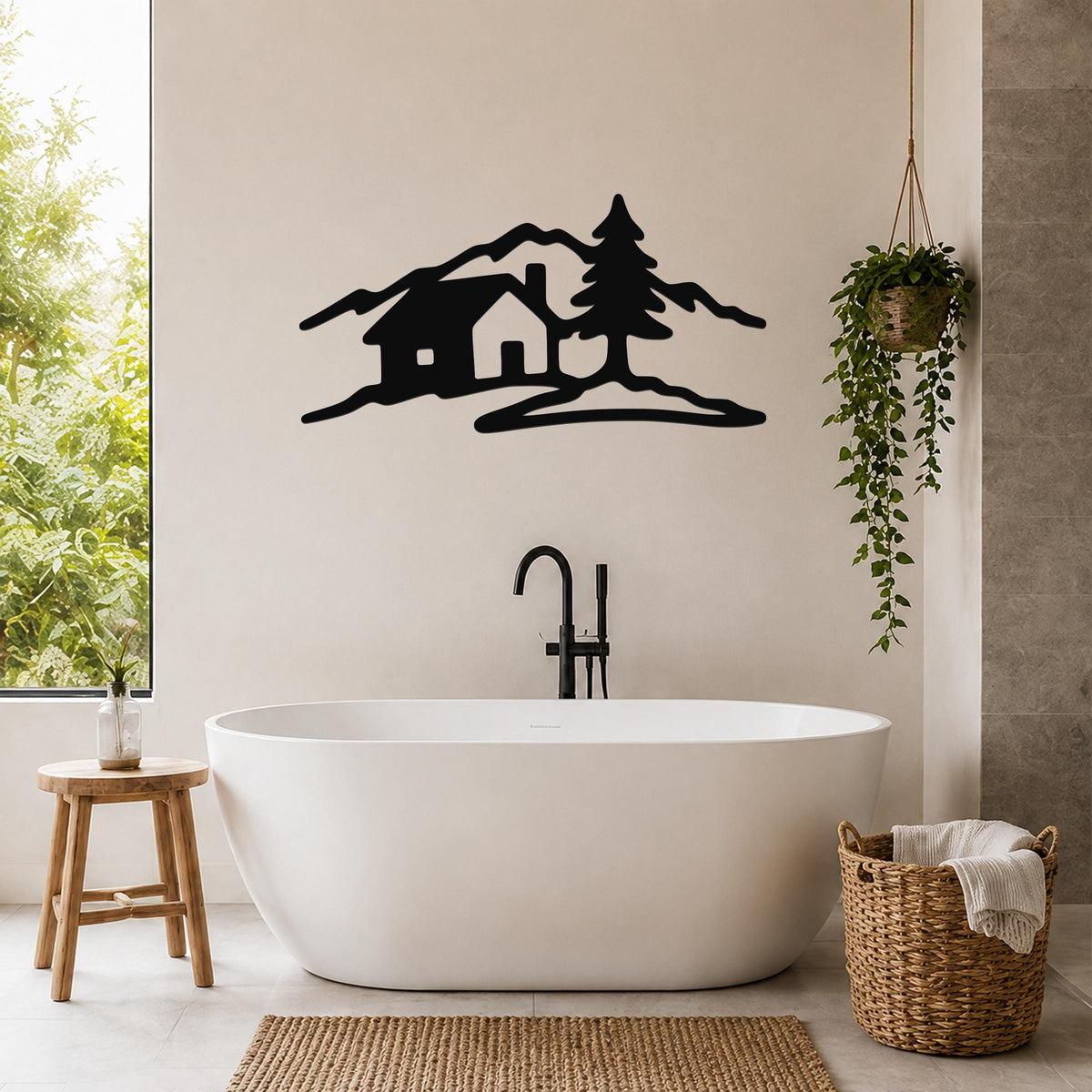 Black metal wall art silhouette of a cabin, pine tree, and mountains, mounted on a bathroom wall above a freestanding tub.